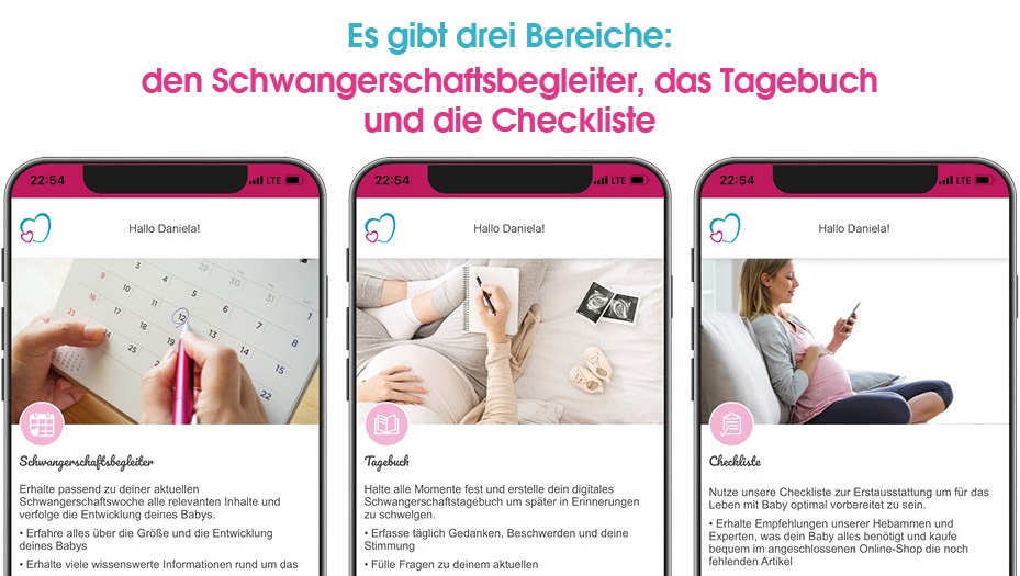 Drei Bereiche vom babymarkt Schwangerschaftsbegleiter